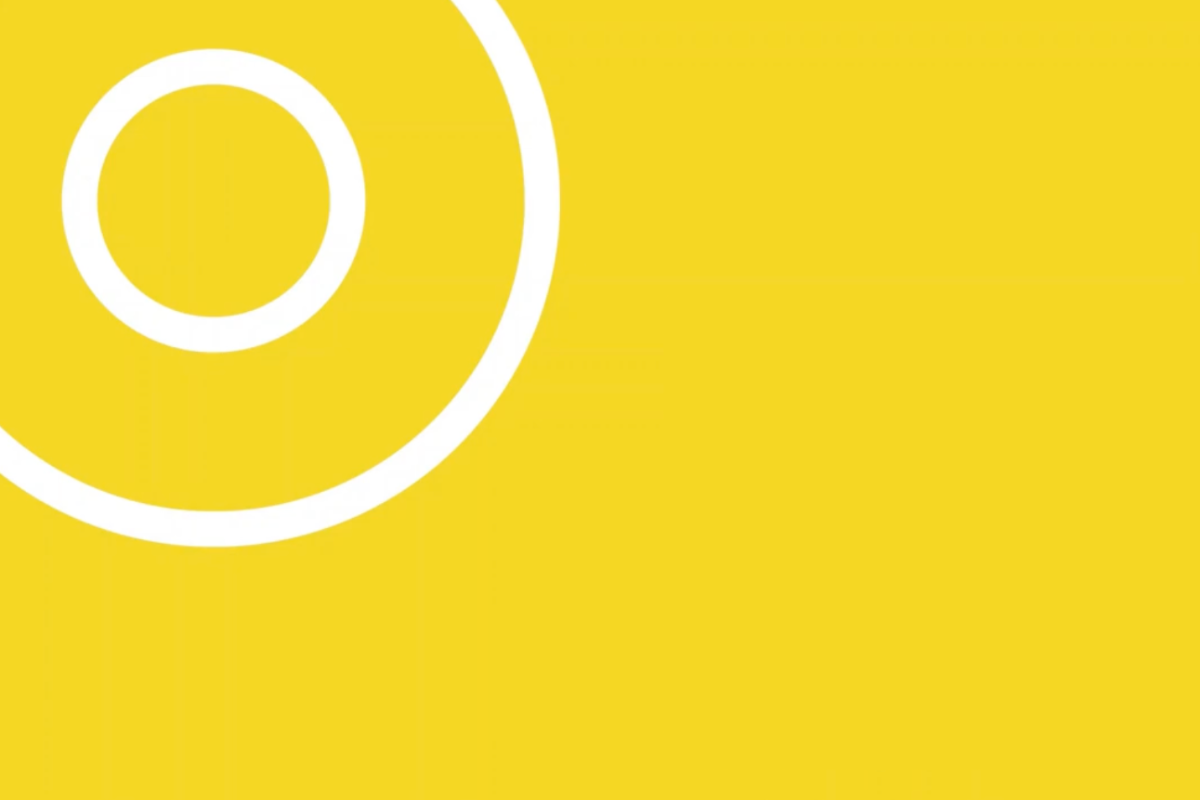 Yellow background with a white circular design featuring concentric rings in the top-left corner.